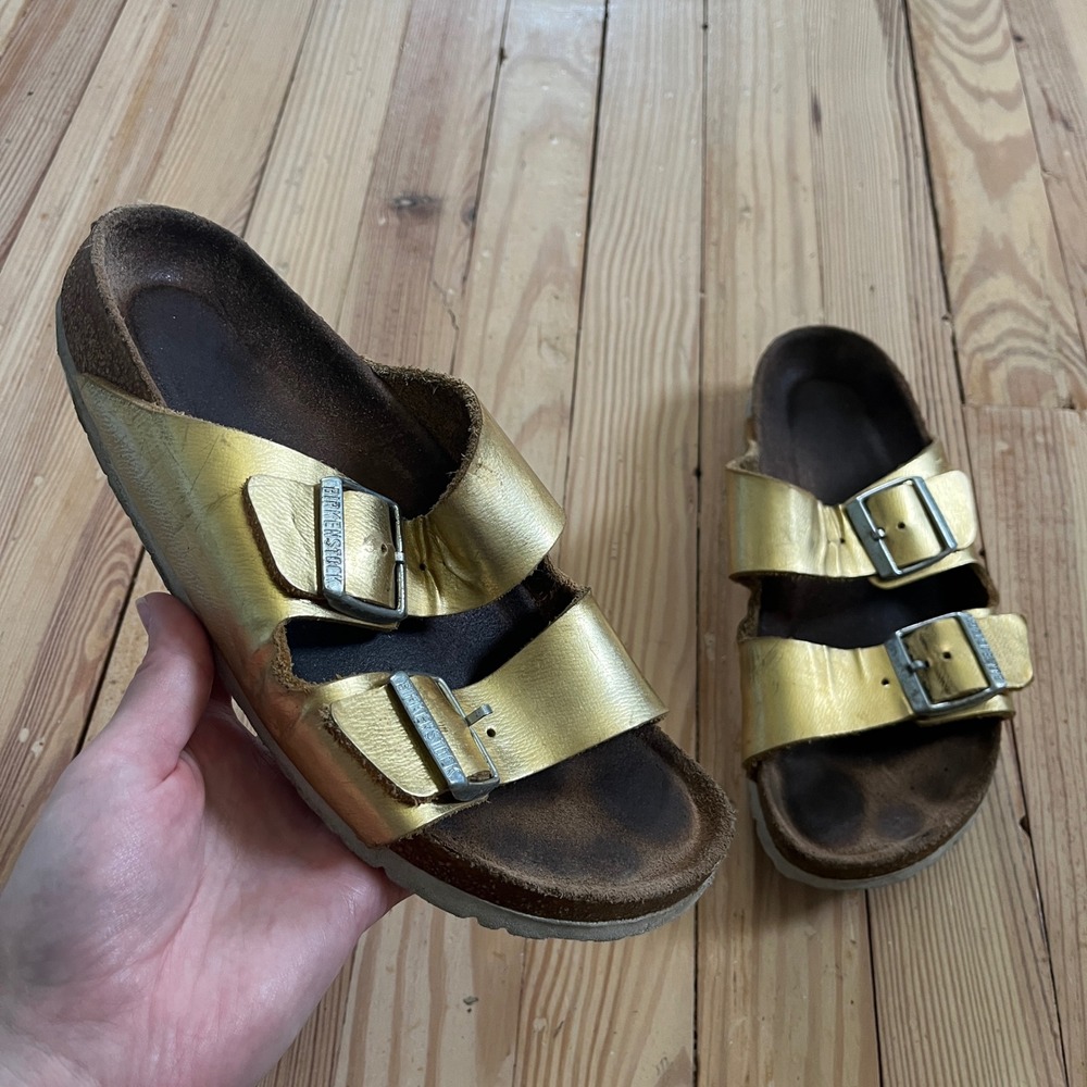 Birkenstock Arizona Metallic Gold Two Strap Slide Sandals EU 39 boho Womens 8‎